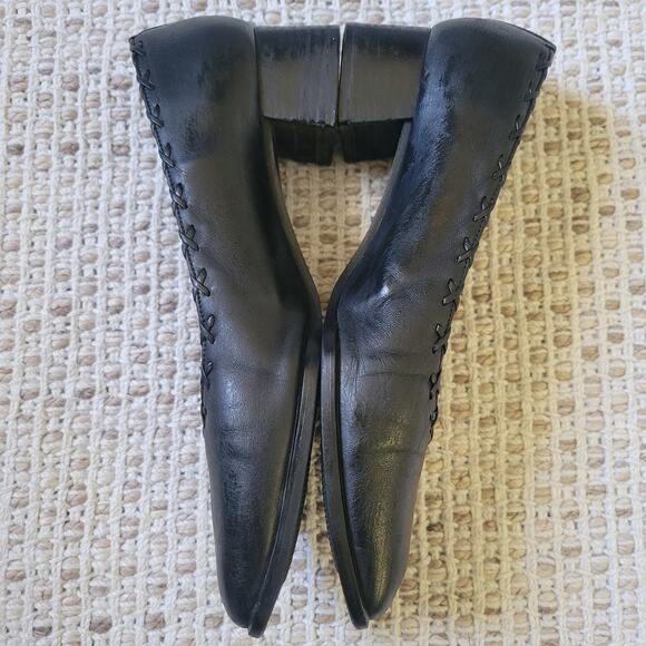 Stuart Weitzman Womens 7* Black Leather Heels Square Toe Whip Stitch Block Heel - Picture 3 of 8